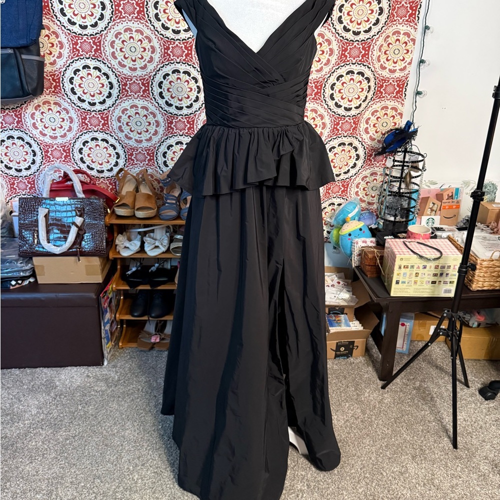 Marchesa Black Maxi Dress with Peplum Detail